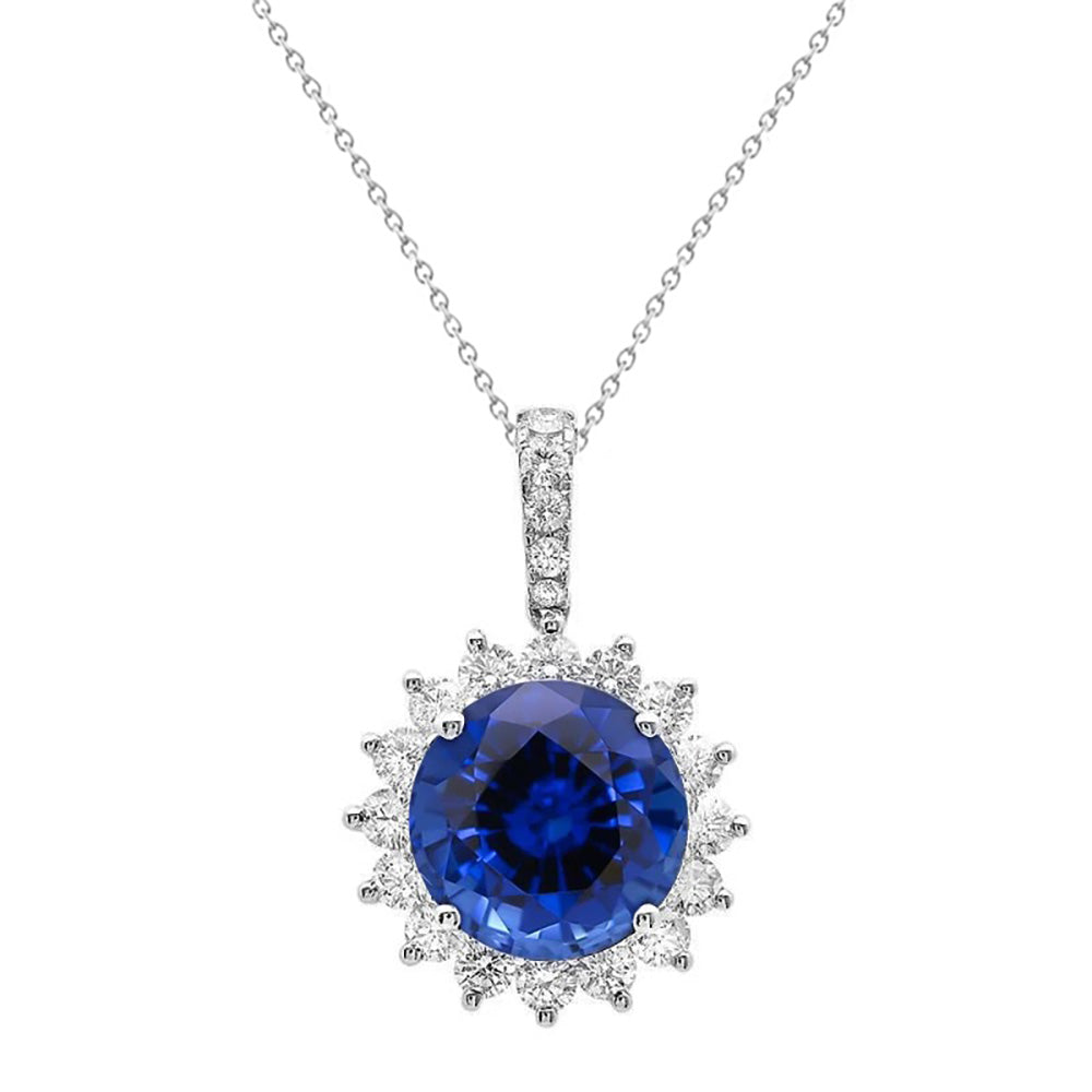 Blue Sapphire And Natural Earth Mined DIAMOND ( NOT LAB GROWN )s Pendant Necklace 8.40 Carats White Gold 14K