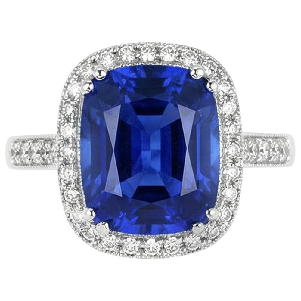 Blue Sapphire Cushion And Round Cut 4.55 Carat Natural Earth Mined DIAMOND ( NOT LAB GROWN )s Ring WG 14K