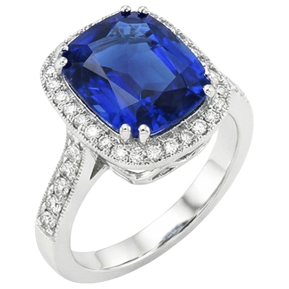 Blue Sapphire Cushion And Round Cut 4.55 Carat Natural Earth Mined DIAMOND ( NOT LAB GROWN )s Ring WG 14K