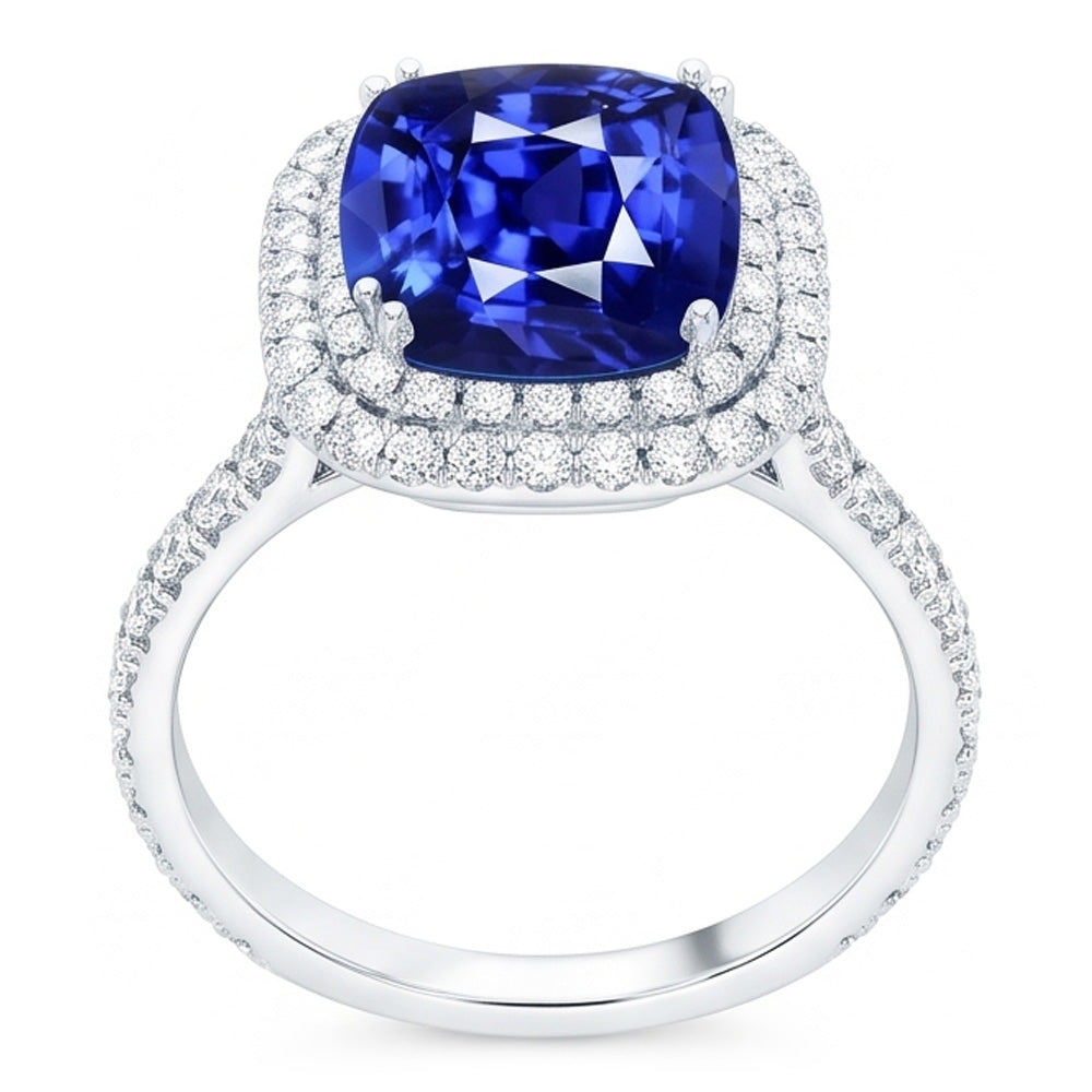 Blue Sapphire Double Halo Ring Gold 14K Natural Earth Mined Diamond Jewellery 5 Carats