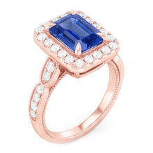 Blue Sapphire Engagement Ring 3 Carats Emerald Cut Rose Gold Milgrain