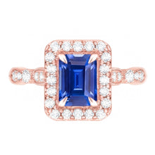 Blue Sapphire Engagement Ring 3 Carats Emerald Cut Rose Gold Milgrain