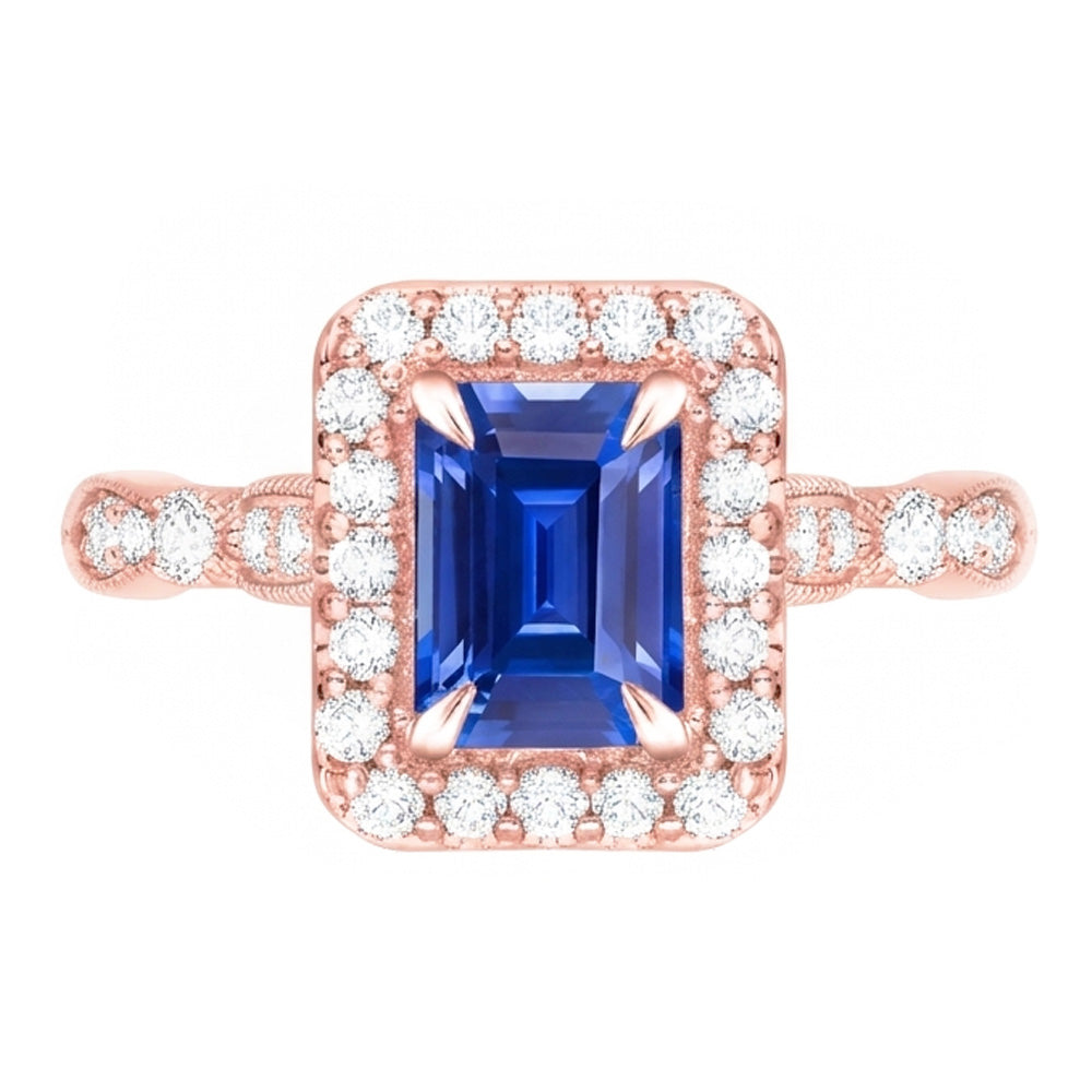 Blue Sapphire Engagement Ring 3 Carats Emerald Cut Rose Gold Milgrain