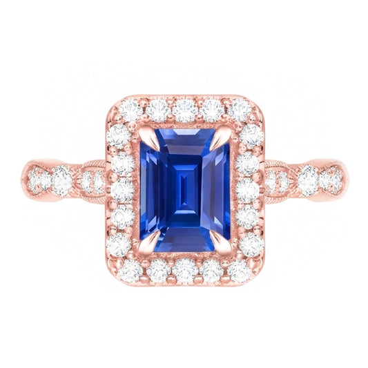 Blue Sapphire Engagement Ring 3 Carats Emerald Cut Rose Gold Milgrain