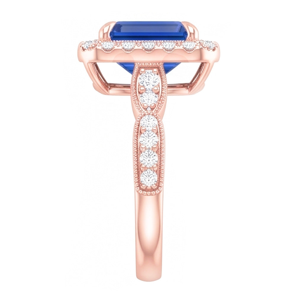 Blue Sapphire Engagement Ring 3 Carats Emerald Cut Rose Gold Milgrain