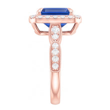 Blue Sapphire Engagement Ring 3 Carats Emerald Cut Rose Gold Milgrain