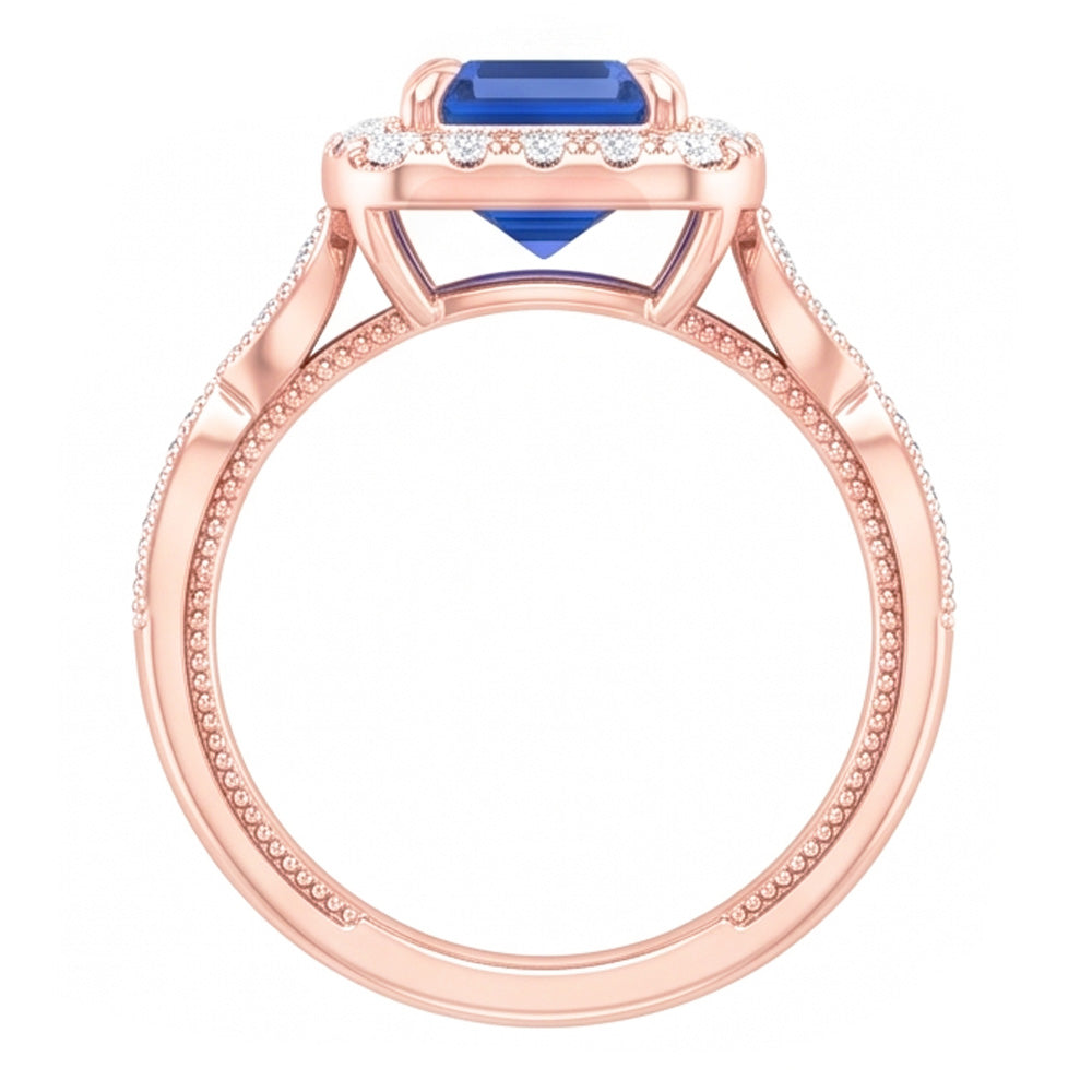 Blue Sapphire Engagement Ring 3 Carats Emerald Cut Rose Gold Milgrain