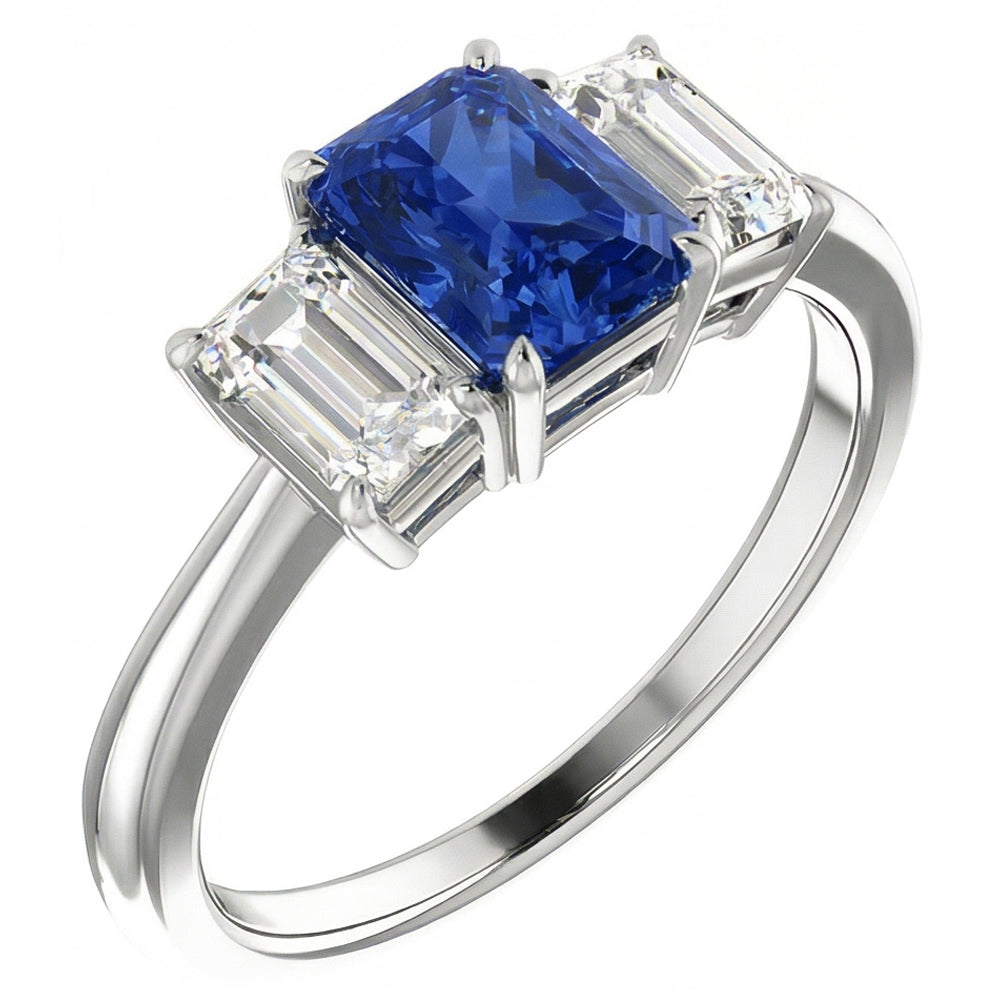 Blue Sapphire Engagement Ring 3 Stone 2 Carats Emerald Cut Natural Earth Mined Diamonds
