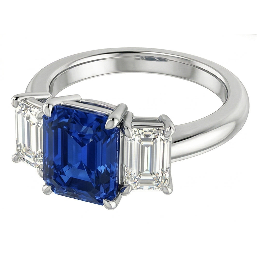 Blue Sapphire Engagement Ring 3 Stone 2 Carats Emerald Cut Natural Earth Mined Diamonds