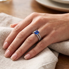Blue Sapphire Engagement Ring Set Asscher Cut White Gold 14K 3 Carats