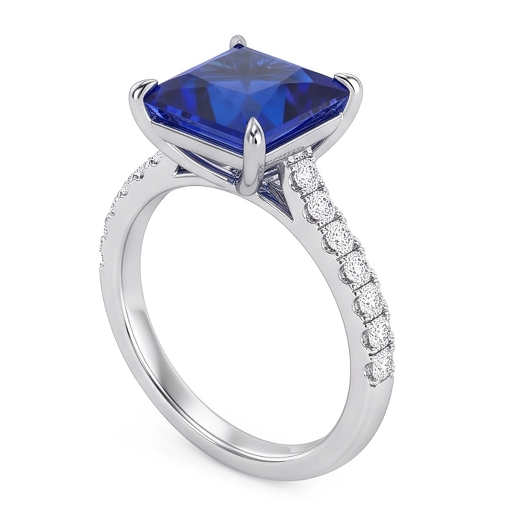 Blue Sapphire Engagement Ring With Pave Natural Earth Mined Diamond Accents 6 Carats