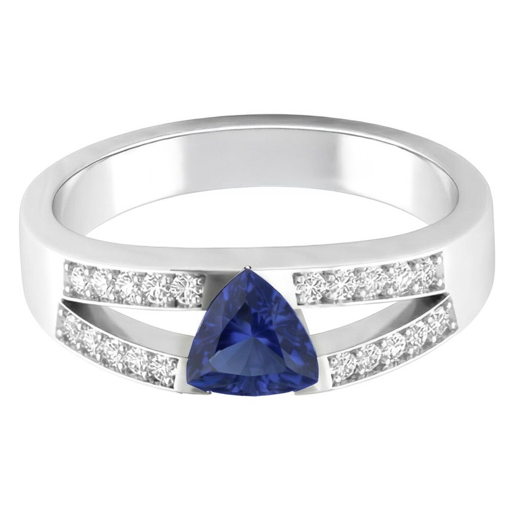 Blue Sapphire Gemstone Trillion Cut Ring 1 Carat Split Shank Natural Earth Mined Diamonds