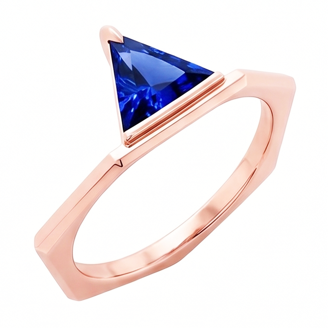 Blue Sapphire Gemstone Trillion Ring 14K Rose Gold 1 Carat Jewellery