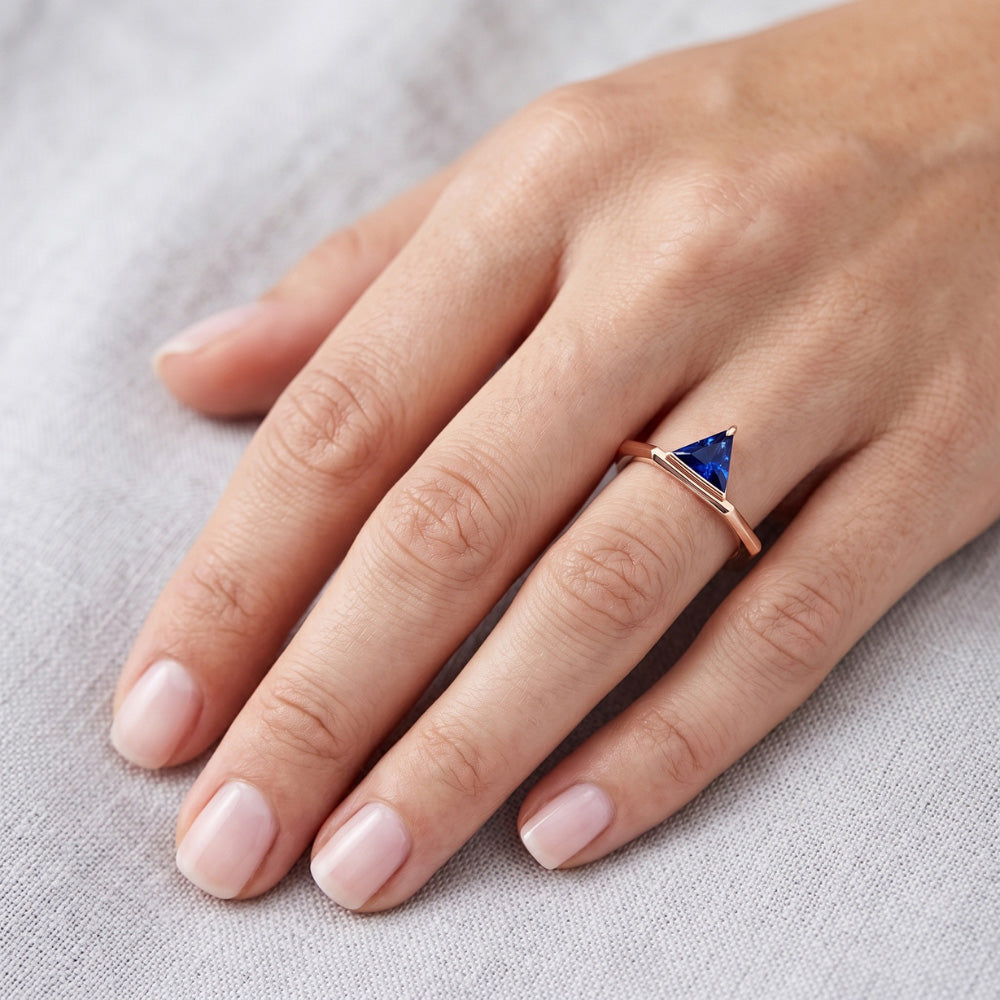 Blue Sapphire Gemstone Trillion Ring 14K Rose Gold 1 Carat Jewellery