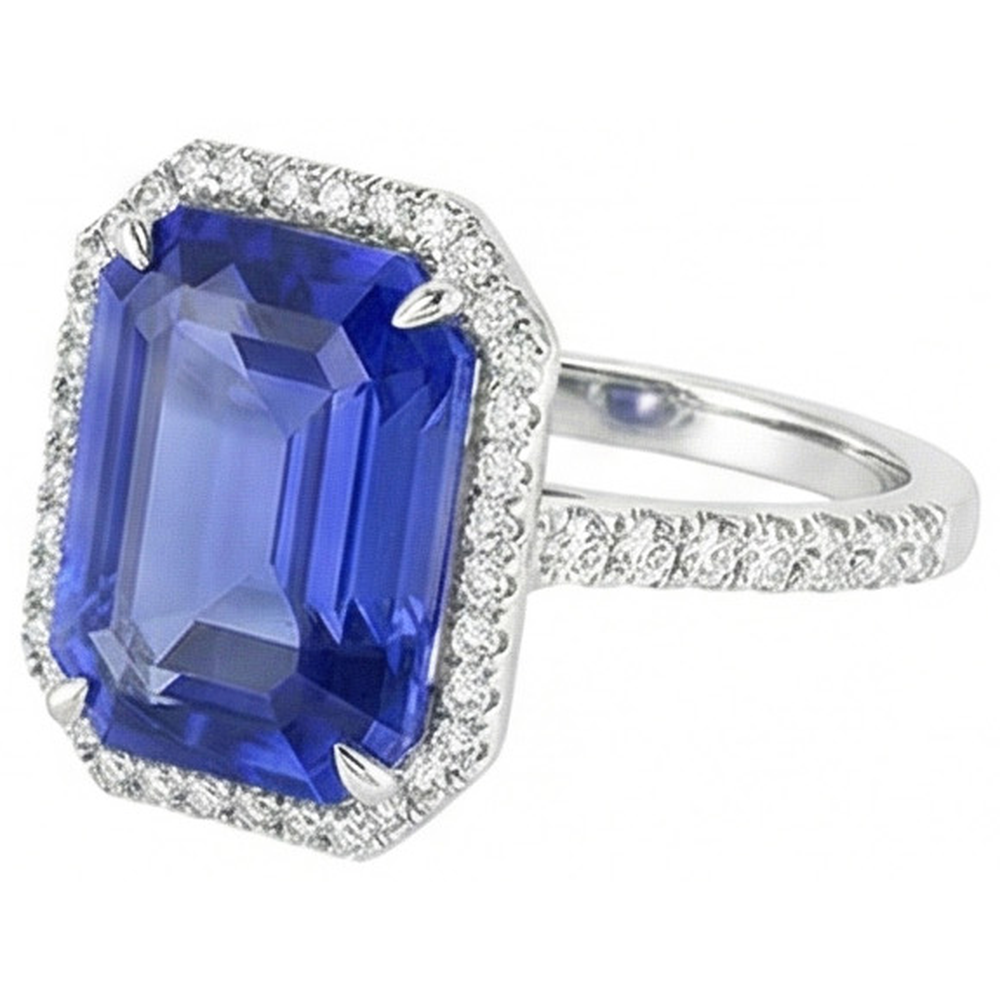 Blue Sapphire Halo Emerald Cut Ring 5.50 Carats Natural Earth Mined Diamonds Jewellery