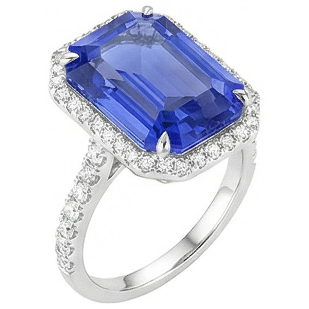 Blue Sapphire Halo Emerald Cut Ring 5.50 Carats Natural Earth Mined Diamonds Jewellery