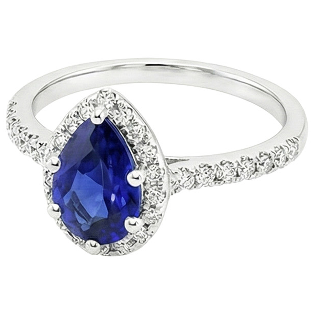 Blue Sapphire Halo Engagement Ring White Gold Accents 5.50 Carats