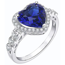 Blue Sapphire Halo Heart Cut Ring & Round Natural Earth Mined Diamonds 3.50 Carats