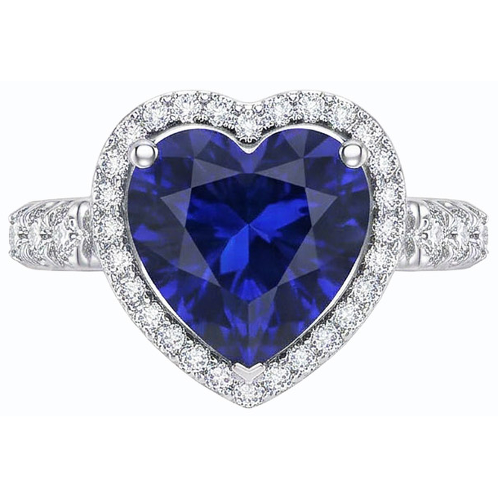 Blue Sapphire Halo Heart Cut Ring & Round Natural Earth Mined Diamonds 3.50 Carats