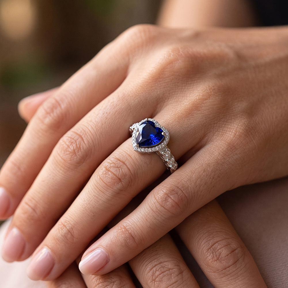 Blue Sapphire Halo Heart Cut Ring & Round Natural Earth Mined Diamonds 3.50 Carats