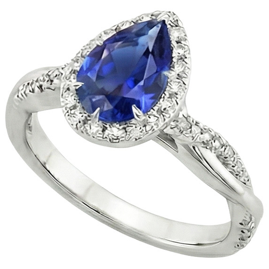 Blue Sapphire Halo Natural Earth Mined Diamond Ring Prongs Pear Cut Stone 7.25 Carats Gold