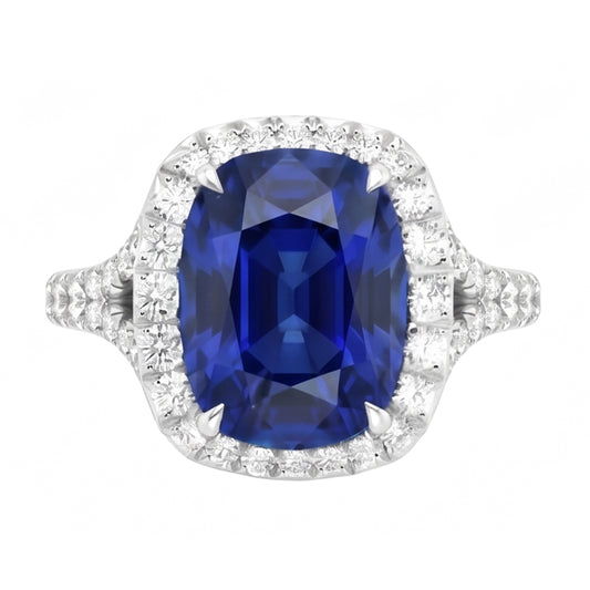 Blue Sapphire Halo Oval Natural Earth Mined Diamond Ring 5.50 Carats Pave Split Shank