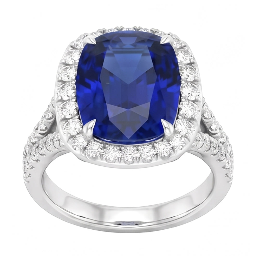 Blue Sapphire Halo Oval Natural Earth Mined Diamond Ring 5.50 Carats Pave Split Shank