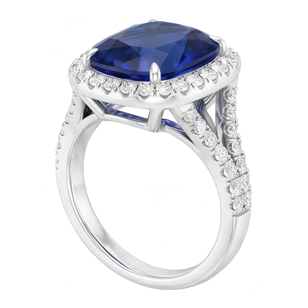 Blue Sapphire Halo Oval Natural Earth Mined Diamond Ring 5.50 Carats Pave Split Shank