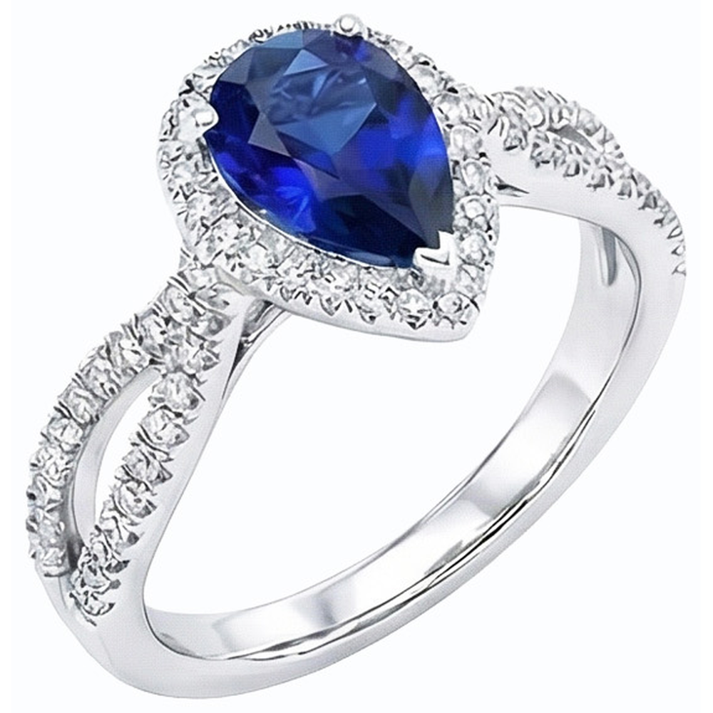 Blue Sapphire Halo Pear Engagement Ring Split Shank 4 Carats Natural Earth Mined Diamonds