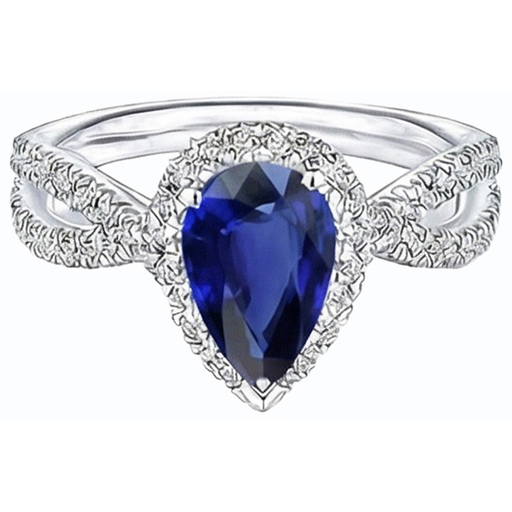 Blue Sapphire Halo Pear Engagement Ring Split Shank 4 Carats Natural Earth Mined Diamonds