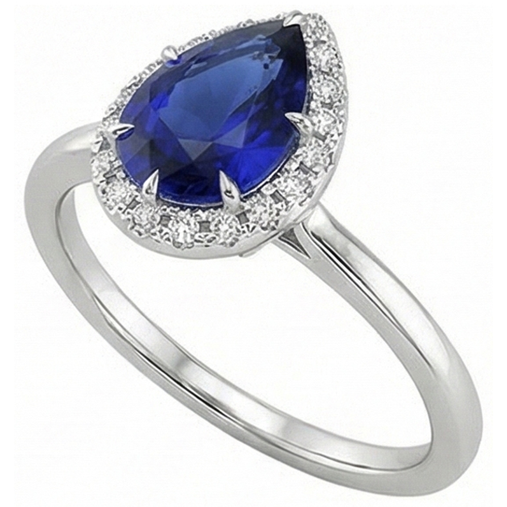 Blue Sapphire Halo Ring Prong Set Pear & Natural Earth Mined Diamonds 4.50 Carats