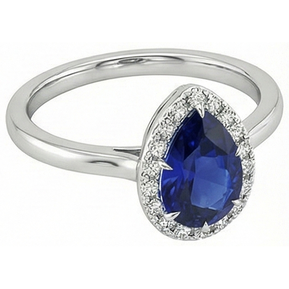 Blue Sapphire Halo Ring Prong Set Pear & Natural Earth Mined Diamonds 4.50 Carats