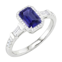 Blue Sapphire Halo Ring With Baguette & Round Natural Earth Mined Diamonds 1.50 Carats