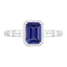 Blue Sapphire Halo Ring With Baguette & Round Natural Earth Mined Diamonds 1.50 Carats