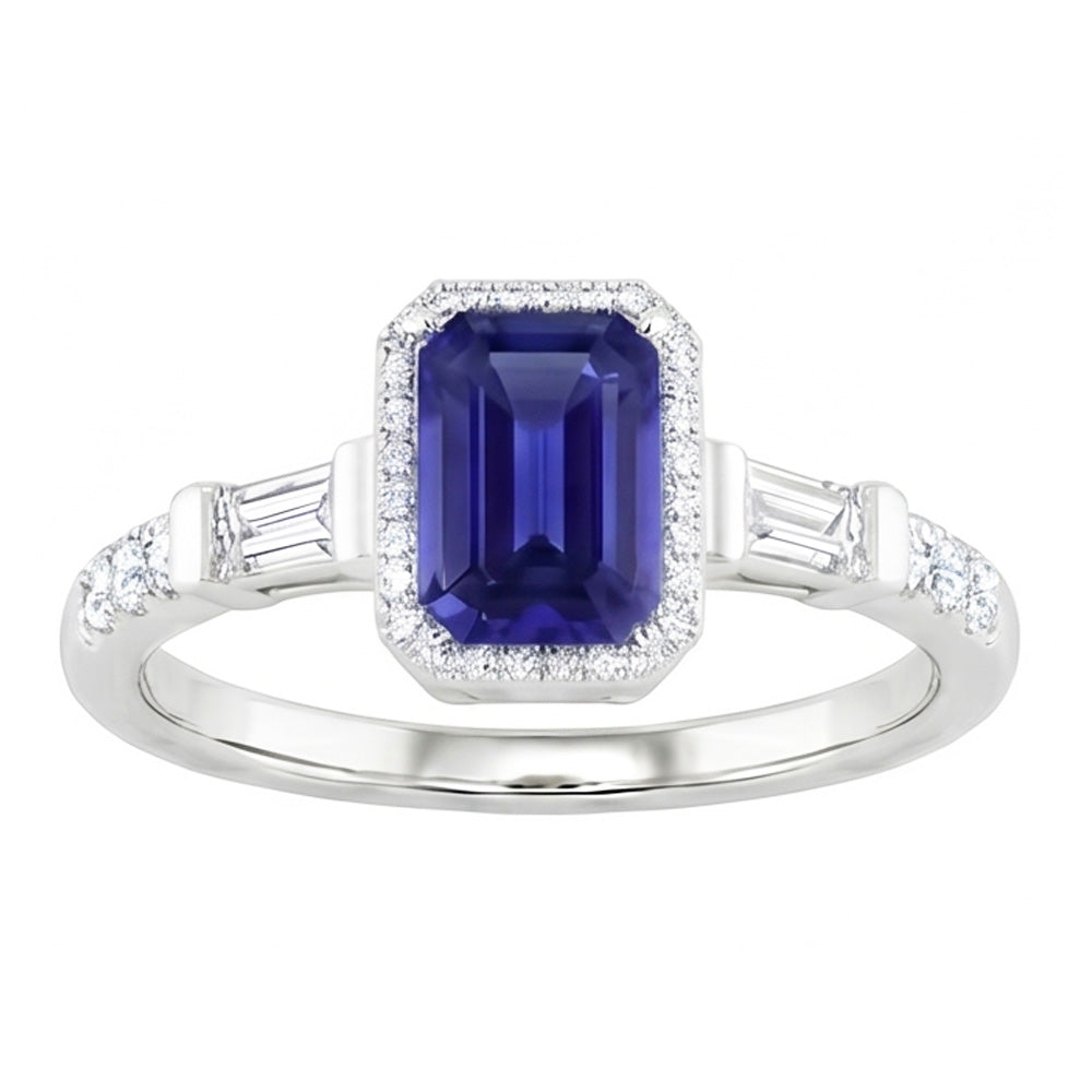 Blue Sapphire Halo Ring With Baguette & Round Natural Earth Mined Diamonds 1.50 Carats