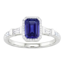 Blue Sapphire Halo Ring With Baguette & Round Natural Earth Mined Diamonds 1.50 Carats