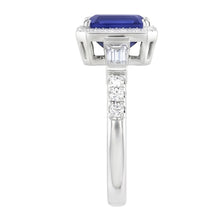 Blue Sapphire Halo Ring With Baguette & Round Natural Earth Mined Diamonds 1.50 Carats