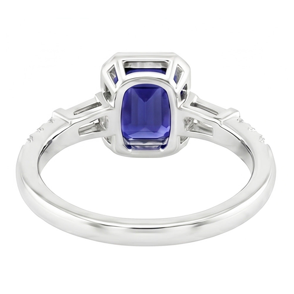 Blue Sapphire Halo Ring With Baguette & Round Natural Earth Mined Diamonds 1.50 Carats