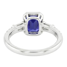 Blue Sapphire Halo Ring With Baguette & Round Natural Earth Mined Diamonds 1.50 Carats