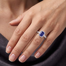 Blue Sapphire Halo Ring With Baguette & Round Natural Earth Mined Diamonds 1.50 Carats
