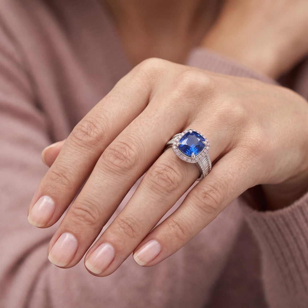 Blue Sapphire Halo Ring With Baguette & Round Natural Earth Mined Diamonds 4.5 Carats