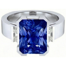 Blue Sapphire Mens Ring 4 Carats Bar Set Gold Princess Natural Earth Mined Diamonds