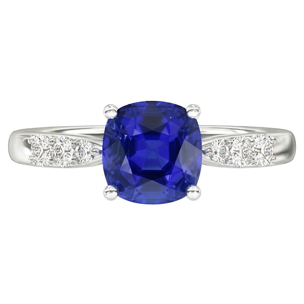 Blue Sapphire Natural Earth Mined Diamond Cushion Engagement Ring 2 Carats White Gold
