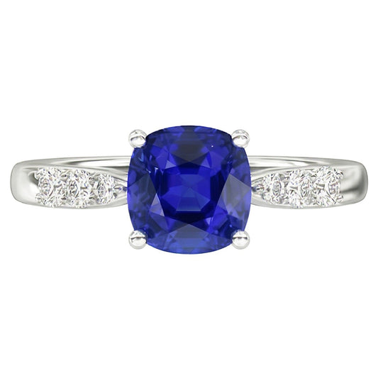 Blue Sapphire Natural Earth Mined Diamond Cushion Engagement Ring 2 Carats White Gold
