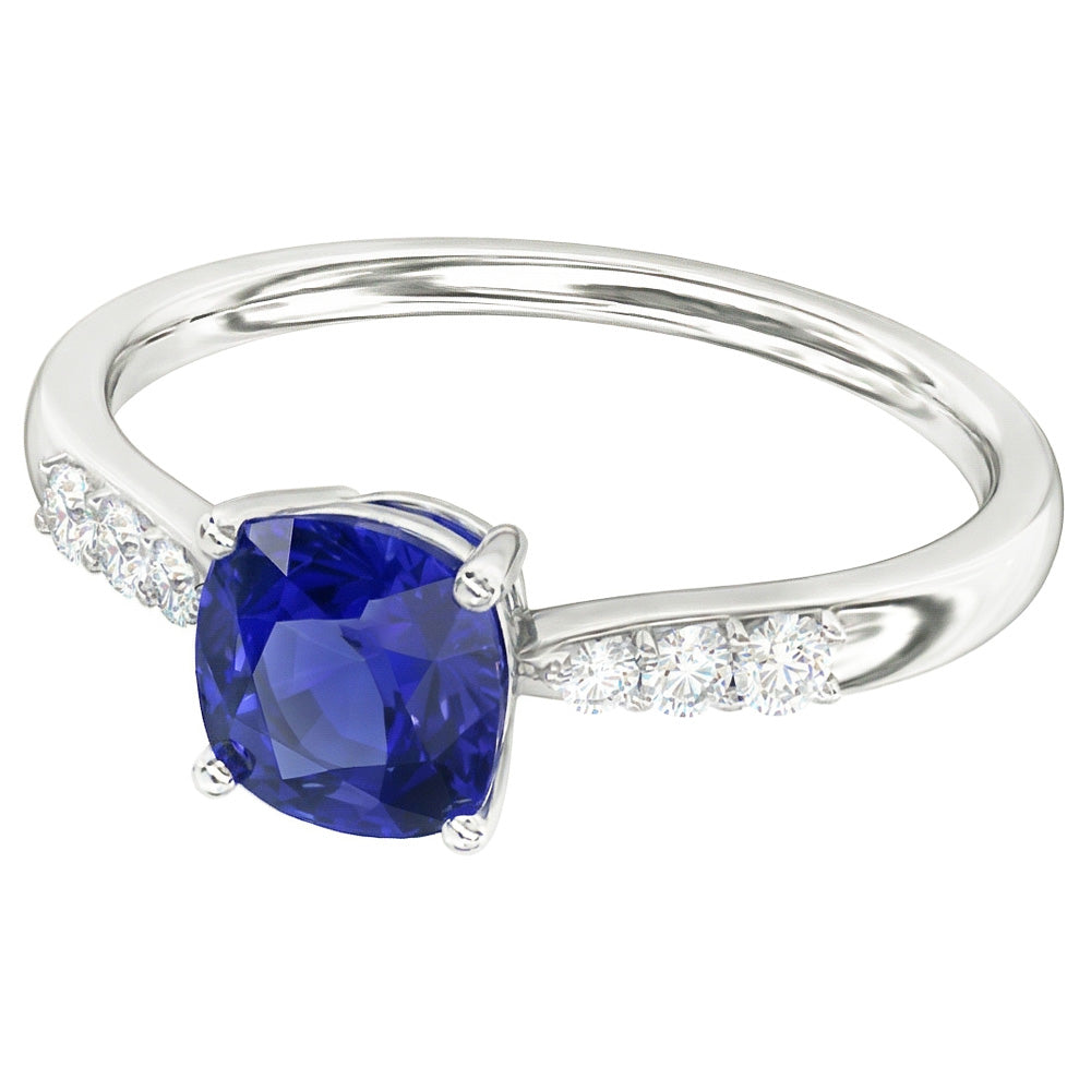 Blue Sapphire Natural Earth Mined Diamond Cushion Engagement Ring 2 Carats White Gold
