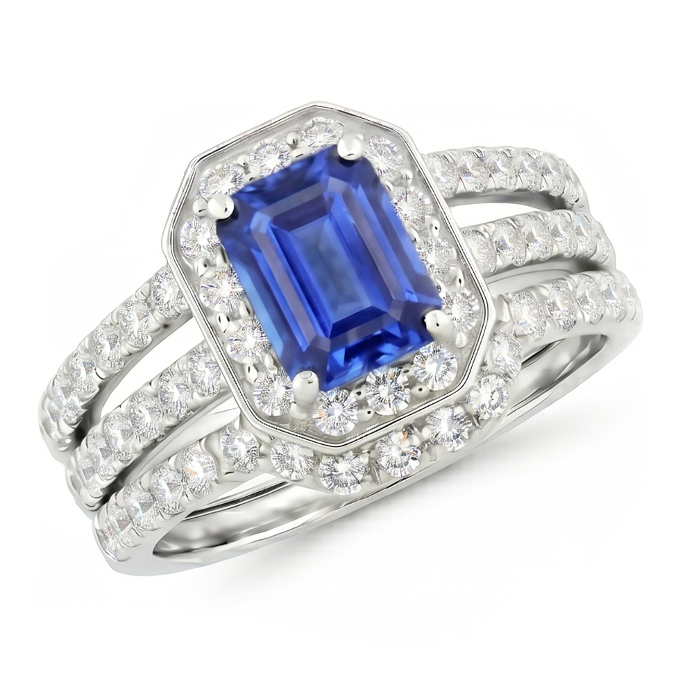 Blue Sapphire Natural Earth Mined Diamond Engagement Ring Set 3.50 Carats Pave Set Jewellery