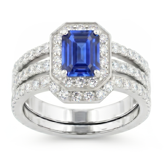 Blue Sapphire Natural Earth Mined Diamond Engagement Ring Set 3.50 Carats Pave Set Jewellery