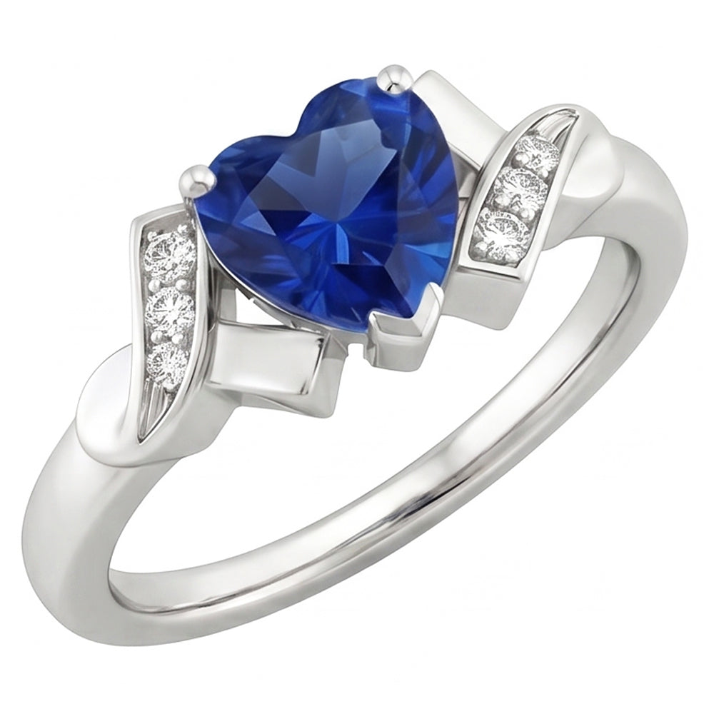 Blue Sapphire Natural Earth Mined Diamond Heart Ring Ribbon Style 2 Carats Ladies Jewellery