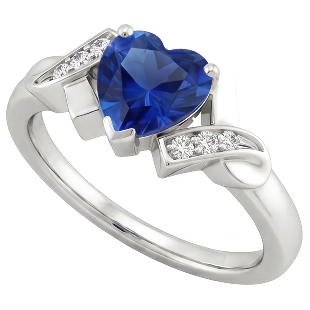 Blue Sapphire Natural Earth Mined Diamond Heart Ring Ribbon Style 2 Carats Ladies Jewellery