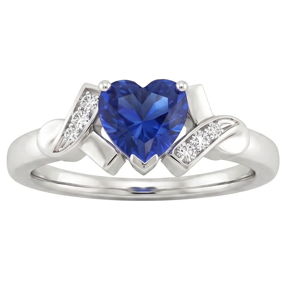 Blue Sapphire Natural Earth Mined Diamond Heart Ring Ribbon Style 2 Carats Ladies Jewellery
